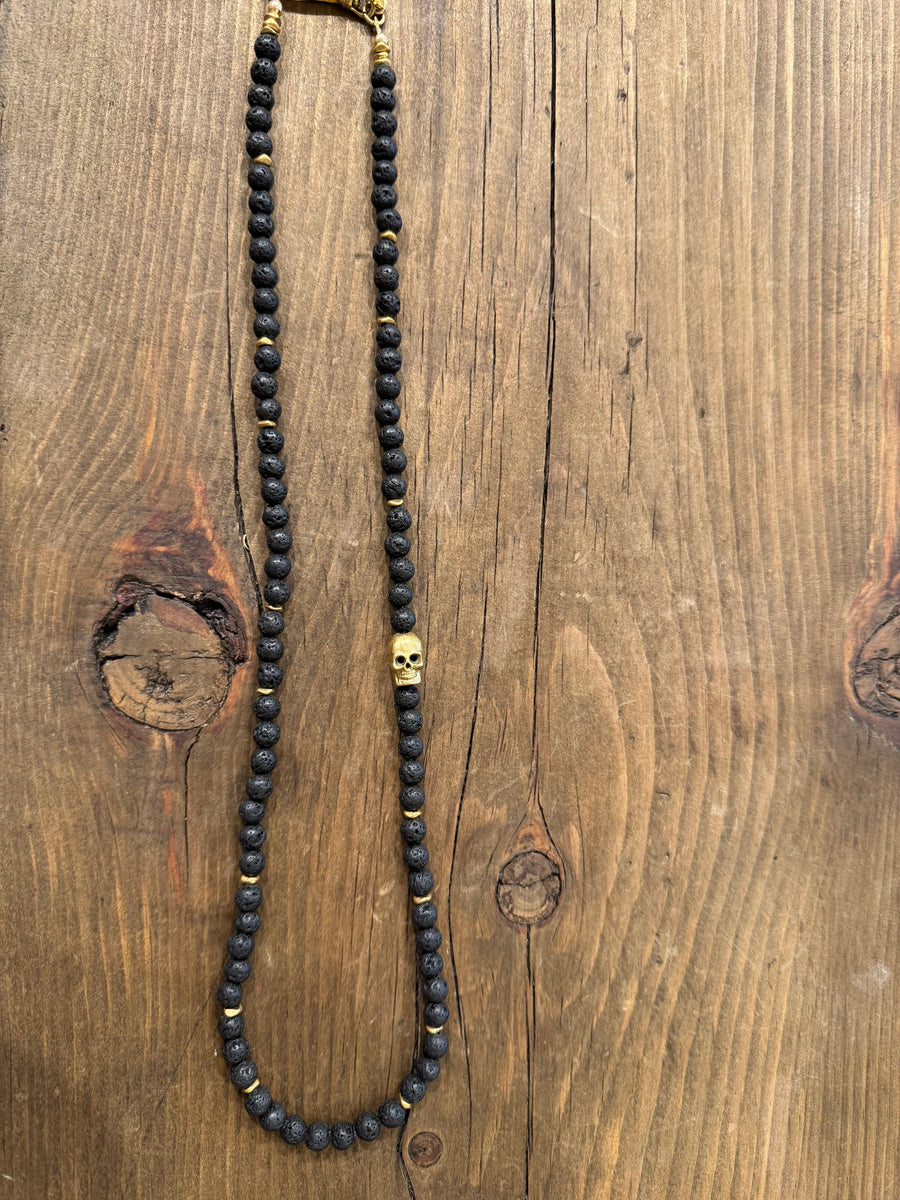 Hitch Black Lava Beads w/ single gold Skull and gold fillings